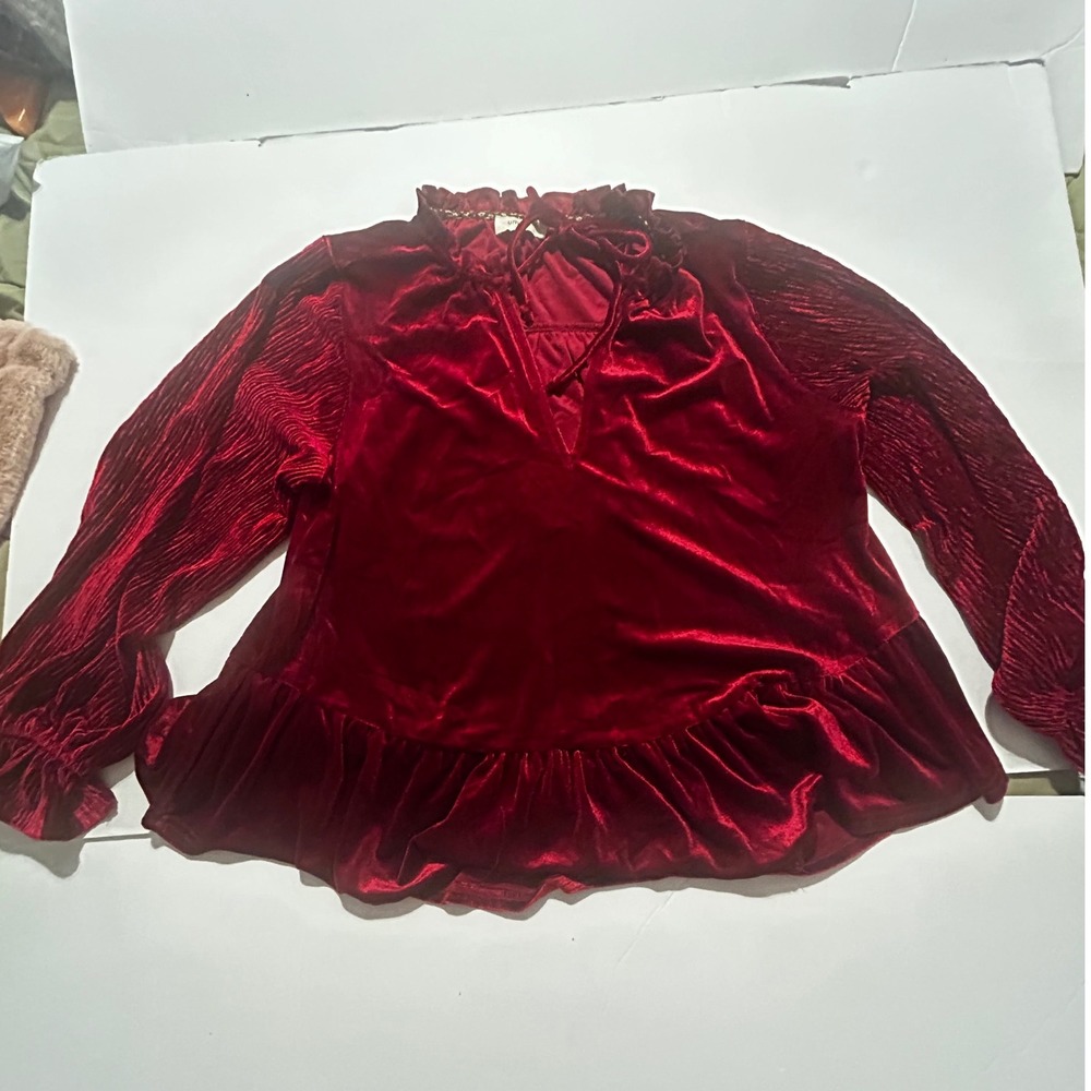 Umgee USA Red Velvet Pleated Sleeve Peplum Blouse Ruffle Neck Tie Top Holiday